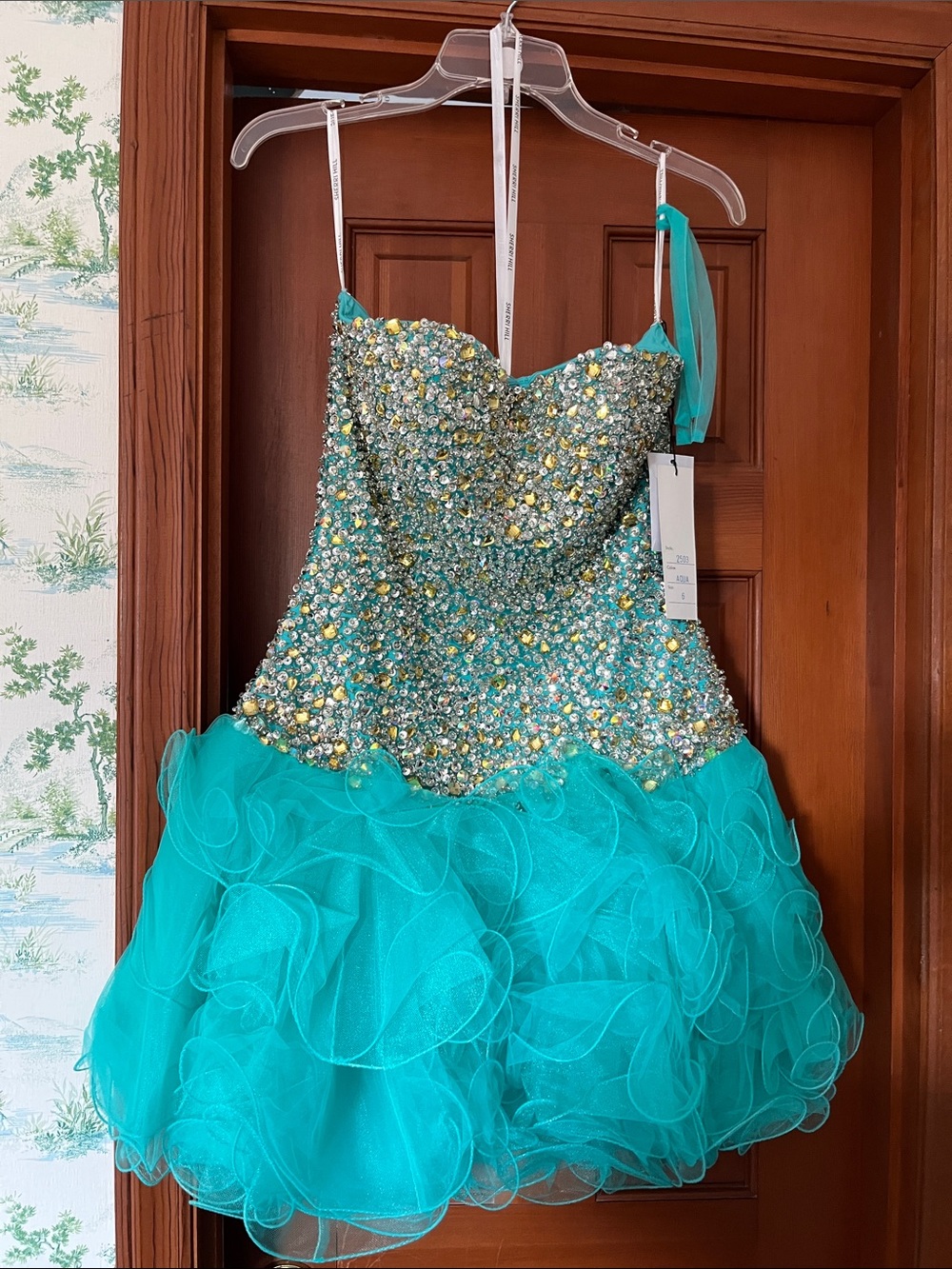 NWT Sherry Hill Aqua Rhinestones front and back Formal Dress Sz 6